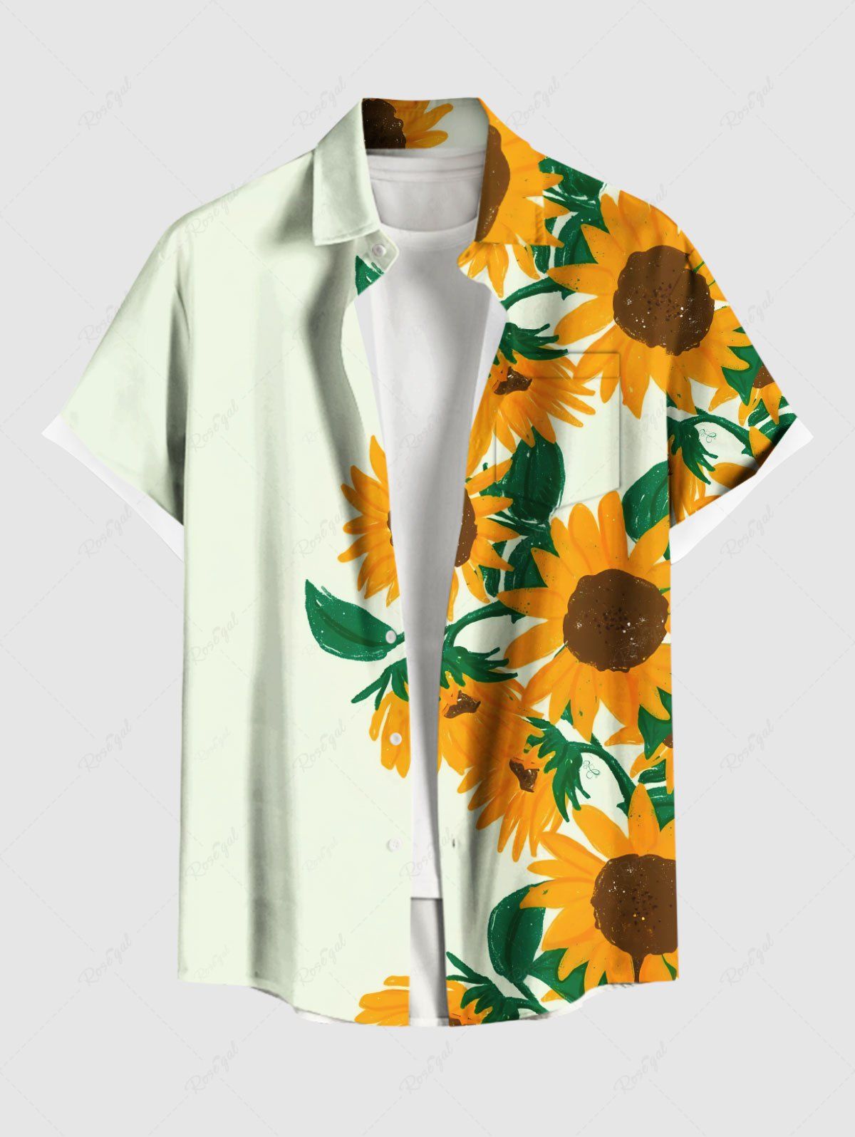 Affordable Plus Size Sunflower Print Hawaii Button Pocket Shirt For Men  