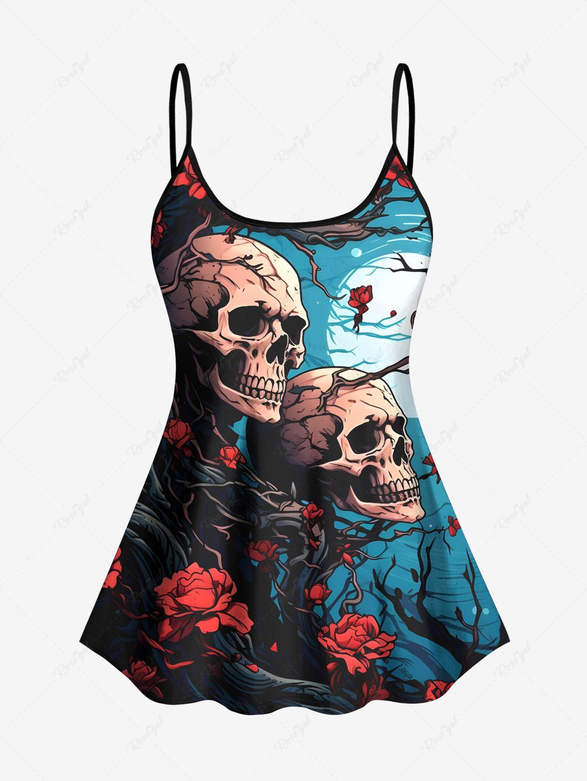Outfit Tree Branch Floral Moon Skull Print Tankini Top(Adjustable Shoulder Strap)  