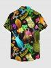 Plus Size Neon Coconut Tree Pineapple Juice Floral Print Hawaii Button Pocket Shirt For Men -  