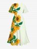 Plus Size Sunflower Print Hawaii Split Pocket A Line Midi Dress -  