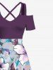 Plus Size Flower Print Hawaii Cold Shoulder Crisscross Strappy A Line Maxi Dress -  