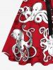 Robe Ligne A Boutonnée Pieuvre Imprimée de Grande Taille avec Ceinture Amovible - Rouge 4X