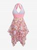 Maillot de Bain Tankini Asymétrique Fleur Marguerite Imprimée de Grande Taille à Col Halter - Rose clair 5X