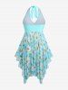 Maillot de Bain Tankini Asymétrique Fleur Marguerite Imprimée de Grande Taille à Col Halter - Bleu clair L