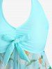 Maillot de Bain Tankini Asymétrique Fleur Marguerite Imprimée de Grande Taille à Col Halter - Bleu clair L