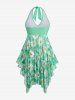 Plus Size Daisy Flowers Print Bowknot Halter Asymmetrical Tankini Swimsuit -  