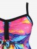 Plus Size Watercolor Abstract Landscape River Print Ruched Asymmetrical Tankini Swimsuit -  