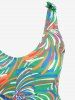 Plus Size Colorful Chrysanthemum Flowers Print Bowknot Shoulder Tankini Swimsuit -  