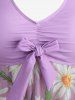 Plus Size Daisy Flowers Print Bowknot Halter Asymmetrical Tankini Swimsuit -  