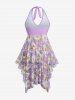 Plus Size Daisy Flowers Print Bowknot Halter Asymmetrical Tankini Swimsuit -  