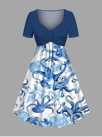 Plus Size Octopus Starfish Shell Print Cinched Hawaii Dress - BLUE - 6X