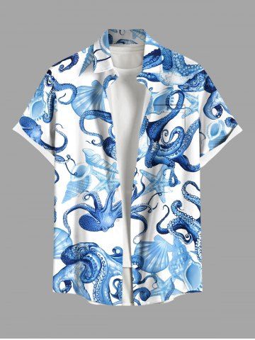 Plus Size Octopus Starfish Shell Print Buttons Pocket Hawaii Shirt For Men