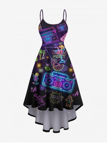 Plus Size Coconut Tree Sun Recorder Flamingo Watermelon Print High Low Hawaii Cami Dress - BLACK - S