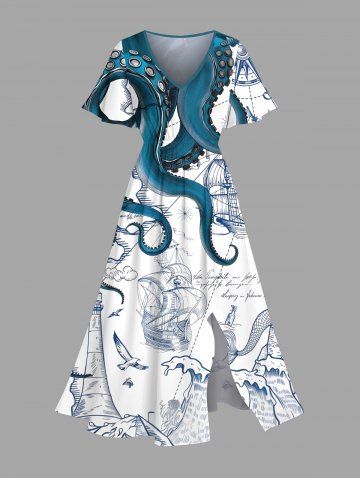 Plus Size Octopus Mermaid Boat Cruise Print Split Hawaii Midi Dress - GREEN - 5X