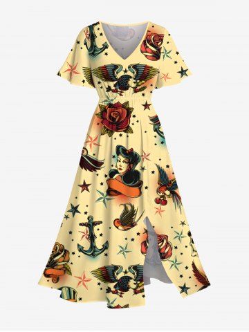 Plus Size Skulls Rose Flower Anchor Eagle Lady Print Split Hawaii Midi Dress - LIGHT COFFEE - S