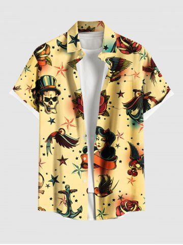 Plus Size Skulls Rose Flower Anchor Eagle Lady Print Buttons Pocket Hawaii Shirt For Men - LIGHT COFFEE - 6XL