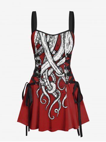 Octopus Print Hawaii Lace Up A Line Tank Dress - RED - S