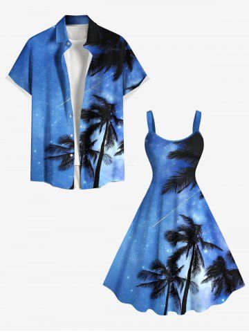 Coconut Tree Meteor Galaxy Print Plus Size Matching Hawaii Beach Outfit For Couples - SKY BLUE