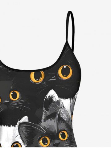 Cute Two Tone Cat Print Tankini Top and Solid Boyshorts Plus Size Matching Set