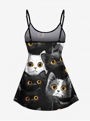 Cute Two Tone Cat Print Tankini Top and Solid Boyshorts Plus Size Matching Set