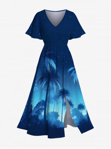 Plus Size Coconut Tree Ombre Galaxy Print Split Hawaii Midi Dress