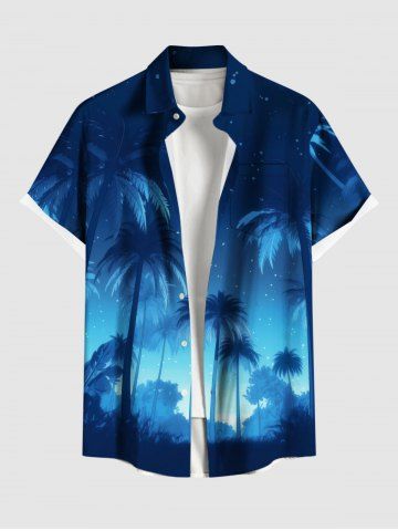Plus Size Coconut Tree Ombre Galaxy Print Buttons Pocket Hawaii Shirt For Men