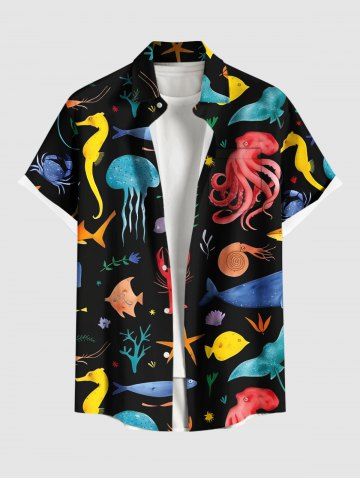 Plus Size Colorful Octopus Jellyfish Seahorse Coral Fish Print Hawaii Sea Creatures Button Pocket Shirt For Men