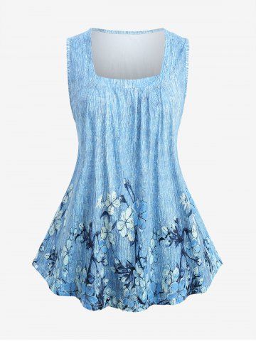 Plus Size Floral Branch Textured Printed Casual Tank Top - BLUE - 3XL