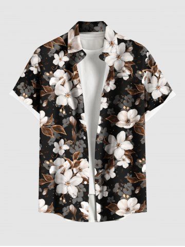 Plus Size Ombre Floral Leaves Print Hawaii Button Pocket Shirt For Men - DEEP COFFEE - L