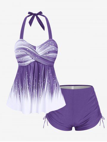 Plus Size Halter Backless Empire Waist Modest Boyshorts Tankini Swimsuit - LIGHT PURPLE - 3X
