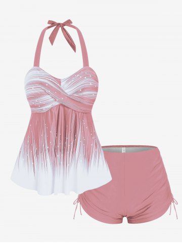 Plus Size Halter Backless Empire Waist Modest Boyshorts Tankini Swimsuit - LIGHT PINK - 1X
