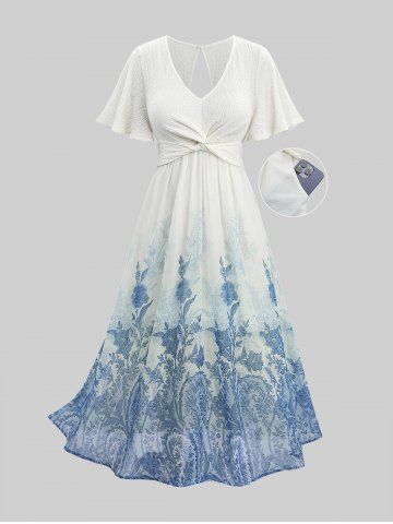 Plus Size Blue And White Porcelain Flowers Print Twist Hollow Out Back Ruffles Dress - WHITE - 5X | US 30-32