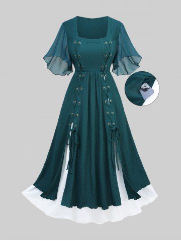 Plus Size Lace Up Grommets Split Ruffles Sleeve Square Neck Dress - DEEP GREEN - 5X | US 30-32