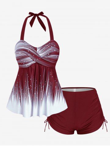 Plus Size Halter Backless Empire Waist Modest Boyshorts Tankini Swimsuit - DEEP RED - 2X
