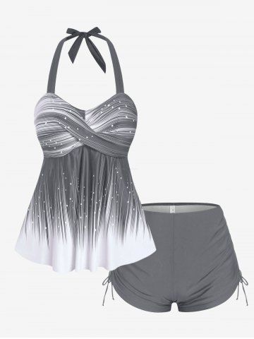 Plus Size Halter Backless Empire Waist Modest Boyshorts Tankini Swimsuit - GRAY - 3X