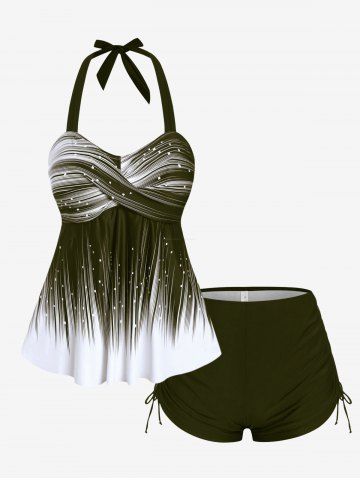 Plus Size Halter Backless Empire Waist Modest Boyshorts Tankini Swimsuit - DEEP GREEN - 1X