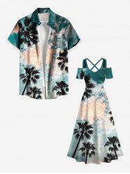 Tenue de plage hawaïenne assortie grande taille, motif cocotier, ciel ombré, ethnique, vintage, fleurs, imprimé graphique, pour couples - Vert 