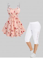 Cherry Print Lace-up Surplice Tank Top and Capri Pants Plus Size Outfit -  