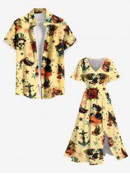 Skulls Rose Flower Anchor Eagle Lady Print Plus Size Matching Hawaii Beach Outfit For Couples -  