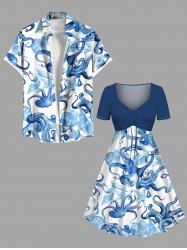 Octopus Starfish Shell Print Plus Size Matching Hawaii Beach Outfit For Couples -  