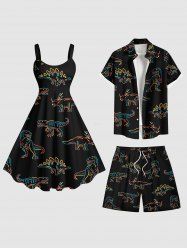 Stick Figure Dinosaur Print Plus Size Matching Hawaii Beach Outfit For Couples -  