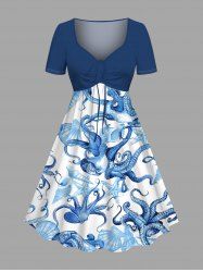 Plus Size Octopus Starfish Shell Print Cinched Hawaii Dress - Bleu 3X