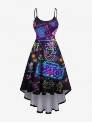 Plus Size Coconut Tree Sun Recorder Flamingo Watermelon Print High Low Hawaii Cami Dress - Noir M