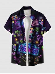 Chemise Dorée Pastèque et Arbre de Noix de Coco Imprimés de Grande Taille avec Poche - Noir 2XL