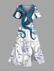 Robe Mi-Longue D'Entraînement Fendue Pieuvre et Bateau Imprimés de Grande Taille - Vert 4X