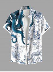 Plus Size Octopus Mermaid Boat Cruise Print Buttons Pocket Hawaii Shirt For Men -  