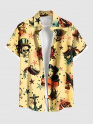 Plus Size Skulls Rose Flower Anchor Eagle Lady Print Buttons Pocket Hawaii Shirt For Men -  