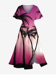 Plus Size Coconut Tree Sun Ombre Light Beam 3D Print Split Hawaii Midi Dress -  