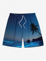 Plus Size Coconut Tree Sea Meteor Ombre Galaxy Print Hawaii Drawstring Beach Shorts For Men -  