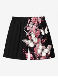 Plus Size Floral Branch Butterfly Print Hawaii Drawstring Beach Shorts For Men -  